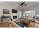 Bright living room featuring a cozy fireplace, large window, and stylish furniture at 8020 Woodland Ln, Alpharetta, GA 30009