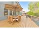 Outdoor dining area on a wood deck, complete with an umbrella, patio furniture, and pool views at 1438 Kings Park Nw Dr, Kennesaw, GA 30152