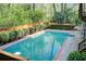 Backyard pool surrounded by a patio, privacy fence, and lush greenery, offering a serene escape at 4983 Odins Way, Marietta, GA 30068