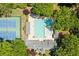Aerial view highlighting the community pool and tennis courts, nestled among mature trees at 730 Denmead Se Ml, Marietta, GA 30067