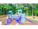 Community playground with climbing structures, slides, and benches in a wooded setting at 12350 Edenwilde Dr, Roswell, GA 30075