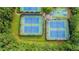 Aerial view of community tennis and basketball courts surrounded by trees in a lush setting at 12350 Edenwilde Dr, Roswell, GA 30075