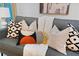 Close up on a stylish living room couch with decorative throw pillows and a soft blanket at 2683 Fleur De Lis Pl, Atlanta, GA 30360