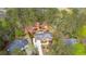 Aerial view of brown brick home with beautifully landscaped backyard and long driveway at 8920 Willowbrae Ln, Roswell, GA 30076