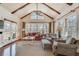 Inviting living room featuring vaulted ceilings, wood beams, many windows, and comfortable seating at 24 Ball Creek Hl, Atlanta, GA 30350