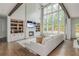 Bright living room with soaring ceilings, fireplace, custom built-ins, and oversized windows overlooking backyard at 1011 Ridgeview Rd, Woodstock, GA 30188