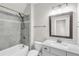Well-lit bathroom featuring a shower-tub combination with gray tile surround and a white vanity at 6210 Bellmoore Park Ln, Duluth, GA 30097