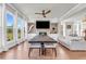 Spacious living area with hardwood floors, a fireplace, a large TV, and big windows at 6210 Bellmoore Park Ln, Duluth, GA 30097