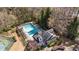 Aerial shot showcasing a community pool, clubhouse, and tennis courts nestled amongst trees at 4249 Millside Walk, Smyrna, GA 30080