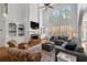 Bright living room with stone fireplace, large windows, and hardwood floors at 3230 Munsey Ct, Cumming, GA 30041