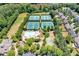 Aerial view of community amenities, including tennis courts, a pool, and playground, with townhomes and a grassy field at 429 Argonne Ter, Canton, GA 30115