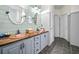 Stylish bathroom with double copper sinks, rustic wood countertops, and decorative gray cabinets at 429 Argonne Ter, Canton, GA 30115