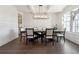 Formal dining room featuring dark hardwood floors, wainscoting, modern light fixture, and large windows at 3515 Montebello Pkwy, Cumming, GA 30028