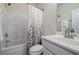 Clean bathroom featuring a shower/tub combo, modern fixtures, and a white vanity with a sleek countertop at 4870 Odum View Ln, Cumming, GA 30040