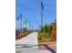 Scenic walkway lined with decorative lampposts, lush landscaping, and the American flag waving in the distance at 904 Magnolia Leaf Dr, Woodstock, GA 30188