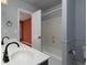 Bathroom with single vanity and shower/tub combo with blue accent color at 1514 Haven Crest Dr, Powder Springs, GA 30127