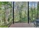 Covered patio featuring outdoor table and peaceful view of trees at 5717 Harmony Point Dr, Lilburn, GA 30047