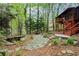 Backyard with a pathway leading to a pond and multi-level deck and screened-in porch at 1890 Spalding Dr, Atlanta, GA 30350