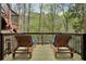 Cozy deck featuring two wood lounge chairs with blue cushions and a wooded view at 2283 Edgemere Lake Cir, Marietta, GA 30062