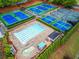 Aerial view of a community pool and tennis courts with well maintained surrounding landscape at 5729 Brookstone Nw Walk, Acworth, GA 30101