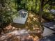 Aerial view of backyard with storage shed, mature trees, and roof tops at 1956 Washington Rd, East Point, GA 30344