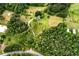 An aerial view of a secluded country home with multiple outbuildings nestled amidst lush greenery and trees at 3545 Liberty Rd, Villa Rica, GA 30180
