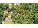 A captivating aerial view showcasing the property nestled amidst a dense canopy of mature trees at 159 Forest Ave, Social Circle, GA 30025
