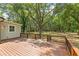 An expansive wood deck provides a serene outdoor living space with a view of the wooded backyard at 159 Forest Ave, Social Circle, GA 30025