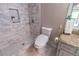 Bathroom features granite vanity, step-in shower with white subway tile, and tiled flooring at 275 Sageglen Rd, Lawrenceville, GA 30044