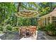 Charming outdoor patio with a striped umbrella and dining set, surrounded by lush greenery and nature at 4590 Lake Forrest Nw Dr, Atlanta, GA 30342