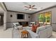 Cozy basement living room features a white sofa, two chairs, and a view to the backyard at 138 Grand Ave, Suwanee, GA 30024