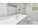 Bright bathroom featuring a white vanity, shower with patterned curtain, and natural light at 7350 S Mitchell Ct, Villa Rica, GA 30180