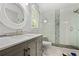 Beautiful bathroom featuring white marble floors, a shower with glass doors, and a gray vanity at 1131 Hershey Dr, Marietta, GA 30062