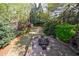 Aerial view of the backyard showcasing manicured lawn, dining area with stone fireplace and lush greenery at 202 Lakeview Ave, Atlanta, GA 30305