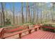 Outdoor deck area with built-in bench seating and wooded views at 3221 Goldenchain Dr, Lithonia, GA 30038