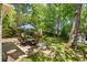 Picturesque backyard with a stone patio, dining area, and a charming outbuilding at 1123 Seaboard Nw Ave, Atlanta, GA 30318