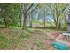 Backyard with mature trees, foliage, and a patio with table and chairs at 835 Ridge Ave, Stone Mountain, GA 30083