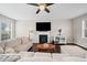 Inviting living room featuring a fireplace, large TV, hardwood floors, and neutral décor at 184 Chamberlyn Ln, Hiram, GA 30141