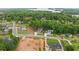 Aerial view of homes in a wooded neighborhood near a lake at 6120 Hutchins Dr, Buford, GA 30518