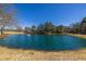 Scenic view of a large, serene pond with a fountain and lush greenery along the banks on a sunny day at 96 Sam Alexander Rd, Douglasville, GA 30134