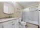 Cozy bathroom featuring a shower-tub combo with sliding doors and a classic vanity sink at 3595 Limberlost Sw Trl, Stockbridge, GA 30281