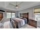 Spacious main bedroom with a tray ceiling, ceiling fan, and two large windows providing natural light at 4995 Hyde Ct, Cumming, GA 30040