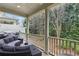Inviting covered back porch with comfortable seating and a view of the private backyard at 9044 Riverbend Manor, Alpharetta, GA 30022