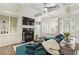 Bright living room with a cozy fireplace, built-in shelves, and large windows, offering a comfortable space at 9044 Riverbend Manor, Alpharetta, GA 30022