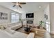 Bright living room featuring a modern fireplace, TV, and comfortable white sofa at 2225 Nena Way, Tucker, GA 30084