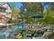Stunning backyard showcasing a pool, waterfall feature, lush landscaping, and outdoor seating at 9985 High Falls Pointe, Johns Creek, GA 30022