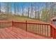 View of wooden back deck with railing and lush green backyard with lots of trees and greenery at 3640 Silver Leaf Sw Ln, Marietta, GA 30008