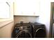 Modern laundry room with front load washer and dryer and white cabinets at 502 Clover Ln, Alpharetta, GA 30009