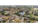 Aerial view of a neighborhood with mature trees, a pond and lush landscaping at 6935 York Pl, Cumming, GA 30040
