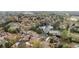 Aerial view of a residential neighborhood with mature trees, lush landscaping, and a community pond at 6935 York Pl, Cumming, GA 30040